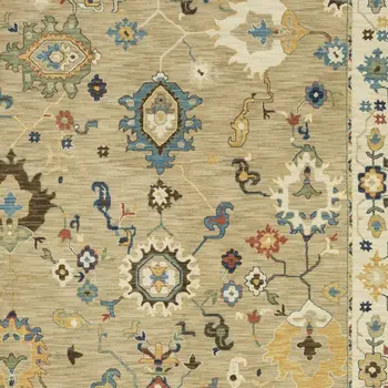 8' X 11' Beige Light Blue And Tan Oriental Area Rug With Fringe