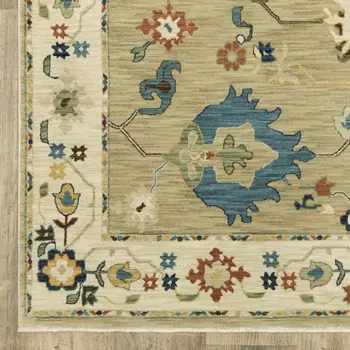 8' X 11' Beige Light Blue And Tan Oriental Area Rug With Fringe