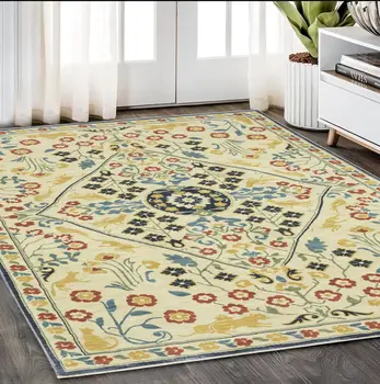 5' X 8' Ivory Orange And Navy Blue Oriental Area Rug With Fringe