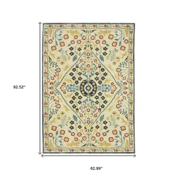 5' X 8' Ivory Orange And Navy Blue Oriental Area Rug With Fringe