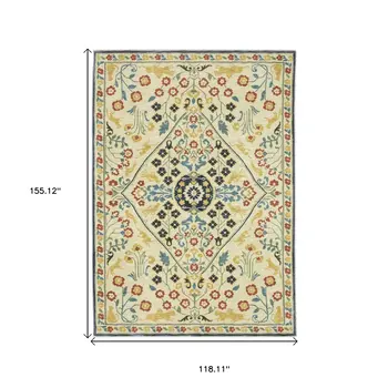 10' X 13' Ivory Orange And Navy Blue Oriental Area Rug With Fringe