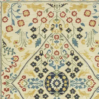 7' X 10' Ivory Orange And Navy Blue Oriental Area Rug With Fringe