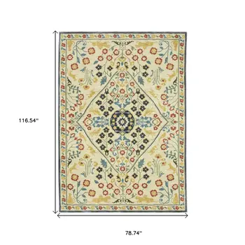 7' X 10' Ivory Orange And Navy Blue Oriental Area Rug With Fringe