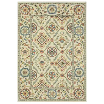 5' X 8' Ivory Blue And Orange Oriental Area Rug With Fringe