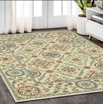 5' X 8' Ivory Blue And Orange Oriental Area Rug With Fringe