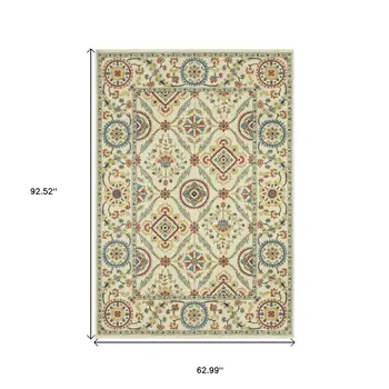 5' X 8' Ivory Blue And Orange Oriental Area Rug With Fringe