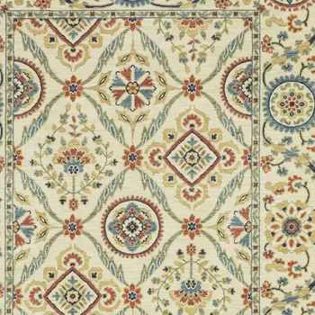7' X 10' Ivory Blue And Orange Oriental Area Rug With Fringe