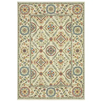 7' X 10' Ivory Blue And Orange Oriental Area Rug With Fringe