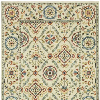 8' X 11' Ivory Blue And Orange Oriental Area Rug With Fringe