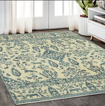 5' X 8' Ivory And Blue Oriental Area Rug With Fringe