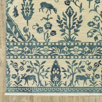 7' X 10' Ivory And Blue Oriental Area Rug With Fringe