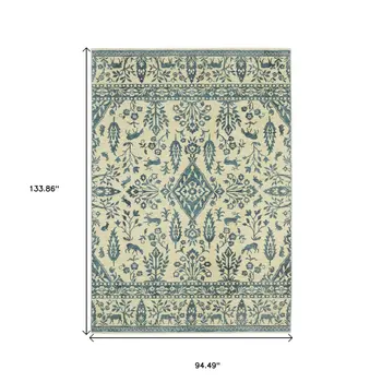 8' X 11' Ivory And Blue Oriental Area Rug With Fringe