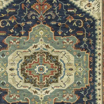 10' X 13' Blue Ivory And Orange Oriental Area Rug With Fringe