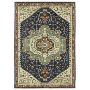 10' X 13' Blue Ivory And Orange Oriental Area Rug With Fringe