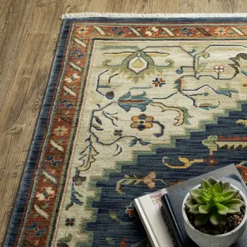 10' X 13' Blue Ivory And Orange Oriental Area Rug With Fringe