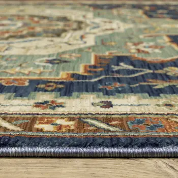 10' X 13' Blue Ivory And Orange Oriental Area Rug With Fringe