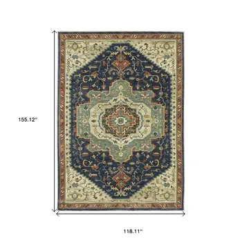 10' X 13' Blue Ivory And Orange Oriental Area Rug With Fringe