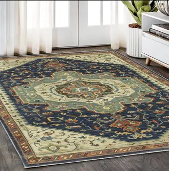 5' X 8' Blue Ivory And Orange Oriental Area Rug With Fringe