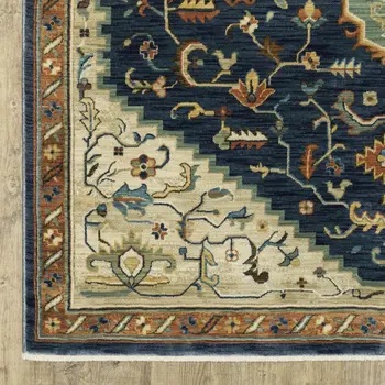 5' X 8' Blue Ivory And Orange Oriental Area Rug With Fringe