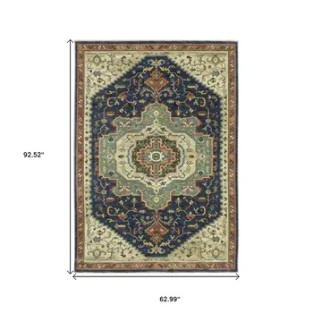 5' X 8' Blue Ivory And Orange Oriental Area Rug With Fringe