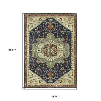 7' X 10' Blue Ivory And Orange Oriental Area Rug With Fringe