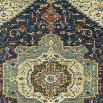8' X 11' Blue Ivory And Orange Oriental Area Rug With Fringe