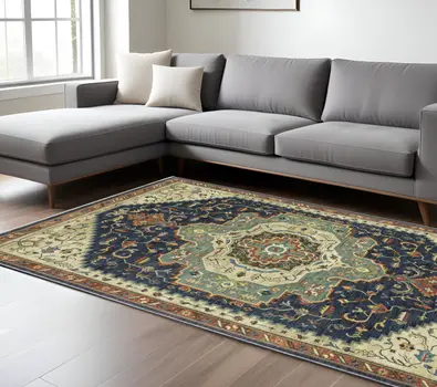 8' X 11' Blue Ivory And Orange Oriental Area Rug With Fringe