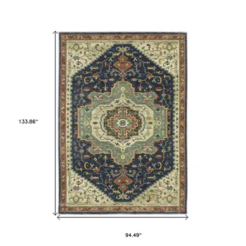 8' X 11' Blue Ivory And Orange Oriental Area Rug With Fringe