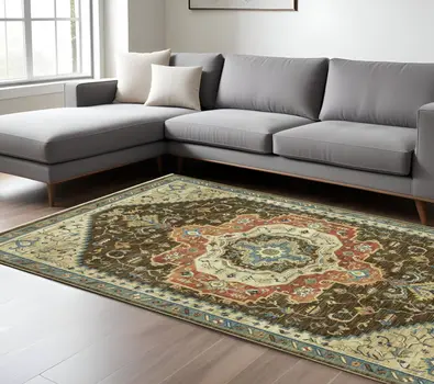 8' X 11' Brown And Orange Oriental Area Rug With Fringe