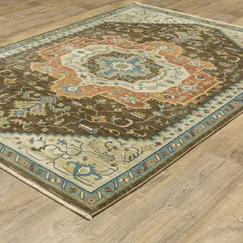 8' X 11' Brown And Orange Oriental Area Rug With Fringe