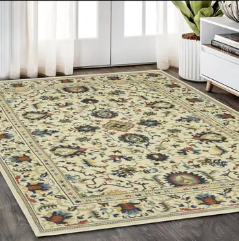 5' X 8' Ivory Blue And Orange Oriental Area Rug With Fringe