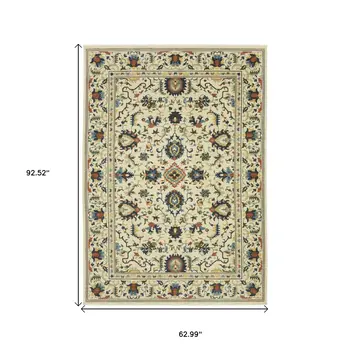 5' X 8' Ivory Blue And Orange Oriental Area Rug With Fringe