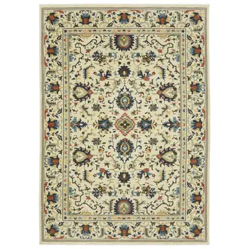10' X 13' Ivory Blue And Orange Oriental Area Rug With Fringe