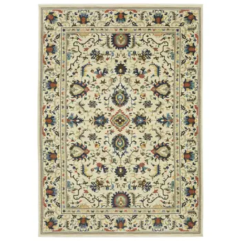 7' X 10' Ivory Blue And Orange Oriental Area Rug With Fringe