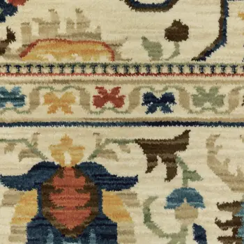 7' X 10' Ivory Blue And Orange Oriental Area Rug With Fringe