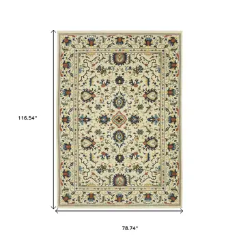 7' X 10' Ivory Blue And Orange Oriental Area Rug With Fringe