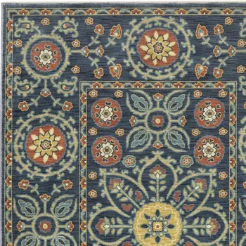 5' X 8' Blue And Rust Medallion Area Rug With Fringe