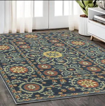 5' X 8' Blue And Rust Medallion Area Rug With Fringe