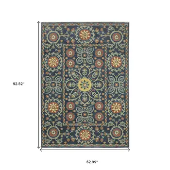 5' X 8' Blue And Rust Medallion Area Rug With Fringe