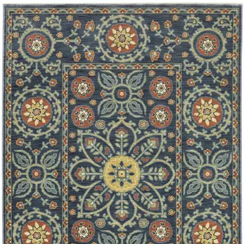 8' X 11' Blue And Rust Medallion Area Rug With Fringe