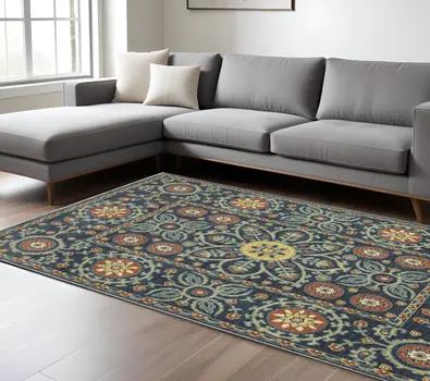 8' X 11' Blue And Rust Medallion Area Rug With Fringe