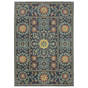 8' X 11' Blue And Rust Medallion Area Rug With Fringe
