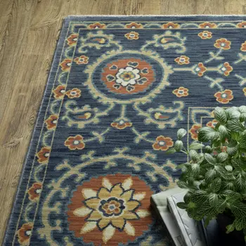 8' X 11' Blue And Rust Medallion Area Rug With Fringe