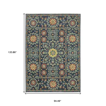 8' X 11' Blue And Rust Medallion Area Rug With Fringe