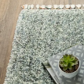 4' X 5' Light Blue And Ivory Abstract Shag Area Rug With Fringe