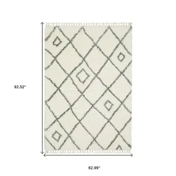 5' X 8' Ivory Gray And Tan Diamond Shag Area Rug With Fringe