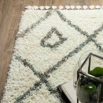 5' X 8' Ivory Gray And Tan Diamond Shag Area Rug With Fringe