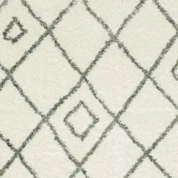 10' X 13' Ivory Gray And Tan Diamond Shag Area Rug With Fringe