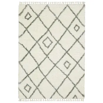 4' X 5' Ivory Gray And Tan Diamond Shag Area Rug With Fringe