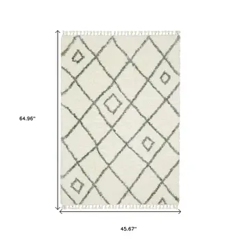 4' X 5' Ivory Gray And Tan Diamond Shag Area Rug With Fringe